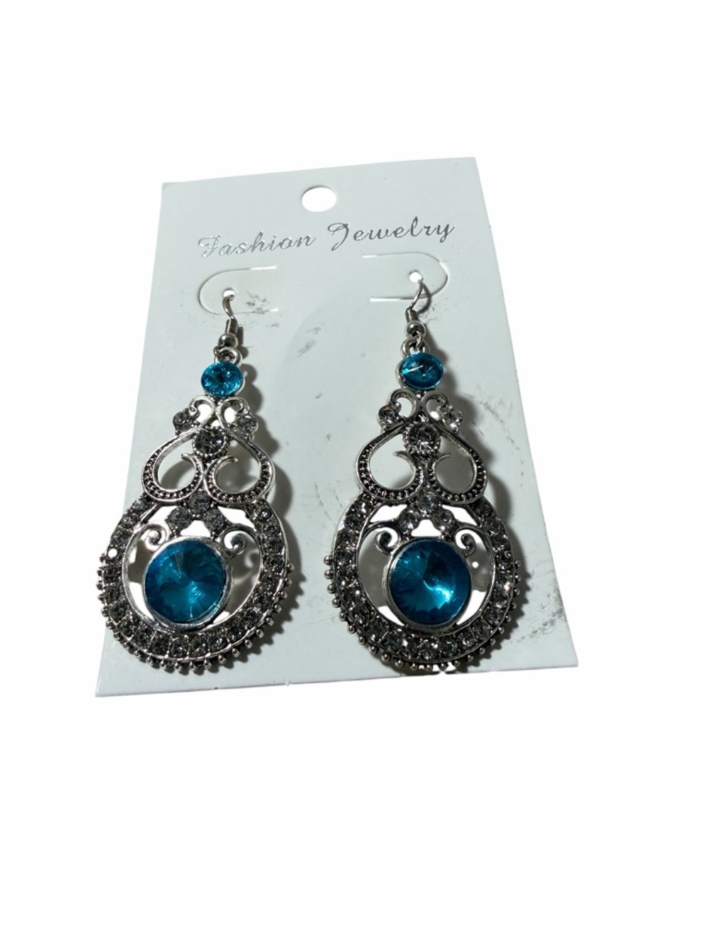 Fashion Jewelry Silver-Tone Teardrop Earrings with Blue Crystals